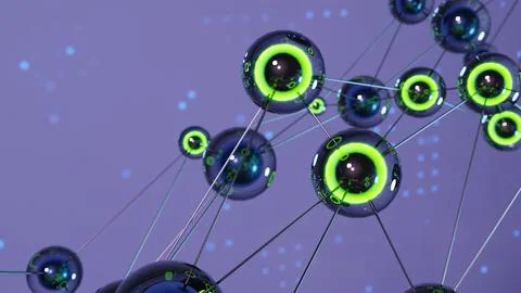 Close up shot of AI neural network. 3d illustration of glowing neon spheres イラスト素材