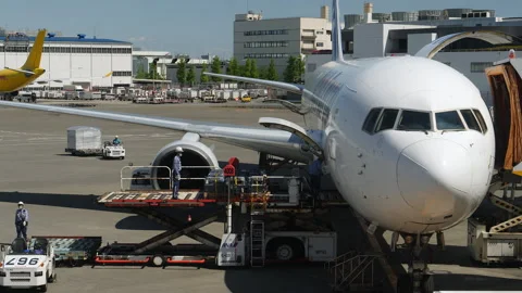 Close shot of airplane at the gate being serviced.Tokyo, Japan, April 20, 2023. Stock Footage 254007748