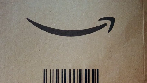 Close-up shot of the AMAZON logo on a parcel Stock Footage 154868268