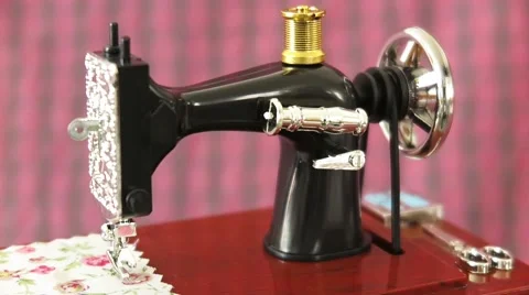 Close up shot of antique Sewing machine model in action with dreamy effect Stock Footage 52905753