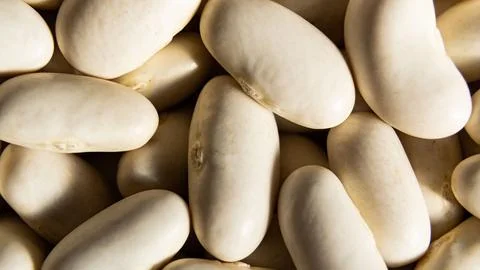 Close-up shot of an array of white beans scattered in a heap. Stock Photos
