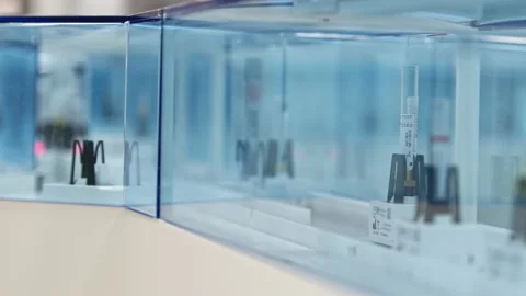 Close shot of an automated lab line with test tubes moving around on the holders Stock Footage 234019419