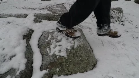 Close up shot of a backpackers shoe hitting a small rock while climbing Stock Footage 145953616