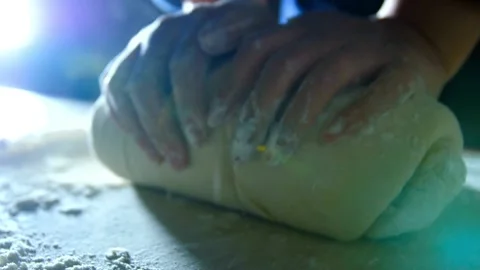 Close up shot of bakery worker knead flour bread Baker making dough with na.. Video stock 272470391