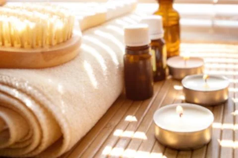Close-up shot of bathing brush with essential oils and candles. SPA concept. Stock-Fotos