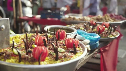 Close up shot of Bazaar Garnished Street food delicacy displayed During Ramadan Stock Footage 190052725