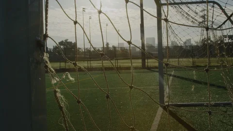 Close-up shot with beautiful sun light of Soccer net Stock Footage 114644511