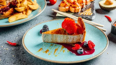 Close-up shot of a berry cheesecake on a blue plate on a table with various dish Stock Photos