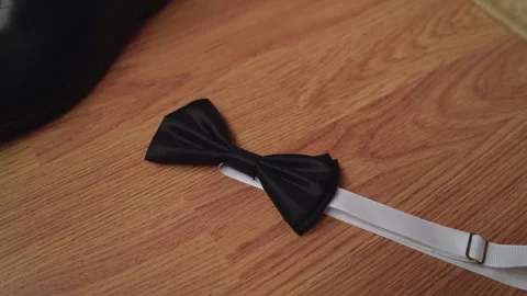Close shot of black bowtie. Classy bow with white stripe. Universal accesory for Stock Footage 148735297