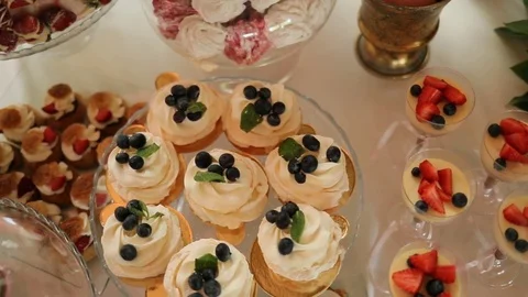 Close up shot of blueberry cakes from the wedding candy bar. View from the top. Stock Footage