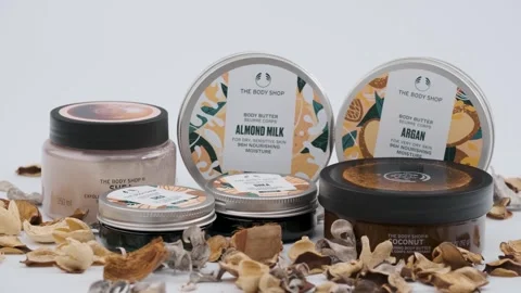 Close up shot of Body Shop multi-purpose cosmetic set, face,body and hair Stock-Footage 259817698