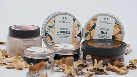 Close up shot of Body Shop multi-purpose cosmetic set, face,body and hair Video stock 259818102