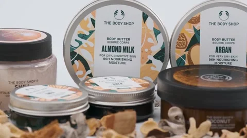 Close up shot of Body Shop multi-purpose cosmetic set, face,body and hair Stock Footage 259830286
