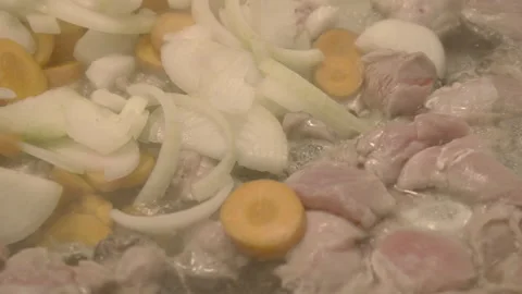 Close up shot of boiling stew made of meat and vegetables. Video stock 318631979