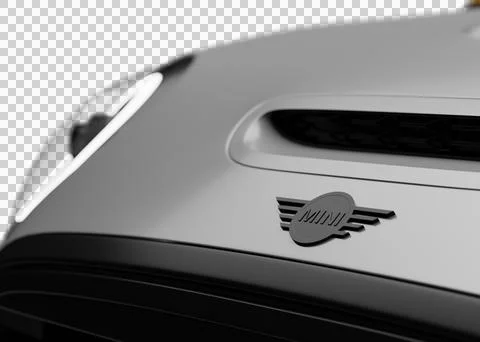 Close-up shot of bonnet Mini logo on gray Mini Cooper SE Electric 2025 with.. Stock Illustration