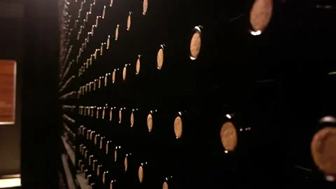 Close-up shot of bottles stacked in a wine cellar. Bodegas Campo Viejo in Stock Footage 233195780