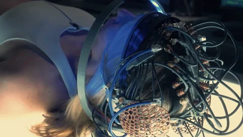 Close Up Shot of Brain Scan Headset. Female Patient Wearing Futuristic Scanner Stock Footage 157456901