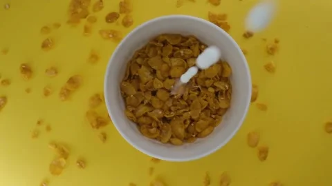 Close-up shot, Breakfast Cereal in a white bowl, Milk pouring into a bowl of Stock Footage 131606856