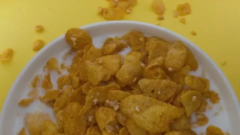 Close-up shot, Breakfast Cereal in a white bowl, Milk pouring into a bowl of Stock Footage 131608423