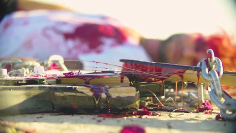 Close up shot of a broken guitar covered in blood, with torn strings. Musician Stock Footage 293112925