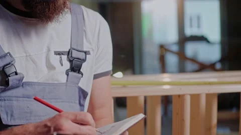 Close shot of builder writing down measurements of construction in a notebook Vídeo Stock 170501276