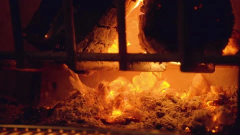 Close up shot of burning fire in house fireplace, orange and yellow hot Stock Footage 229945137