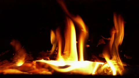 Close shot of burning log in crackling fire in dark Stock Footage 135525401