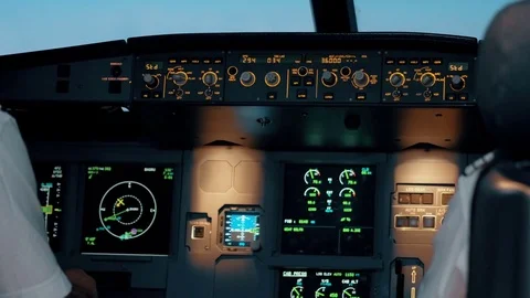 Close shot of cabin cockpit interior of Airbus A319 A320 A321. Flight deck with  Stock Footage