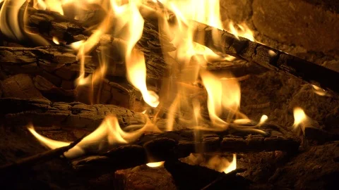 Close up shot of a campfire, Fireplace, burning woods Stock Footage 118330241