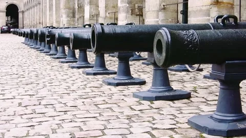 Close-up shot of cannon line in front of the building, Paris, France Stock Footage 158803104