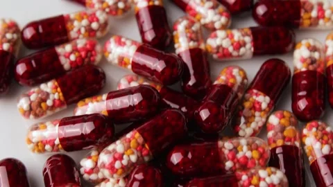 Close up shot of capsules with multi-colored granules on a sterile surface Видео 274503117