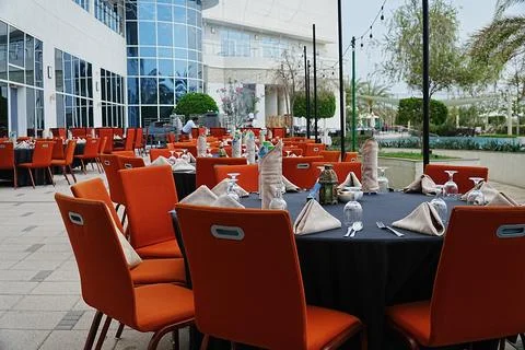 Close shot capture of iftaar setting outdoor dinning at hotel in muscat. Stock Photos