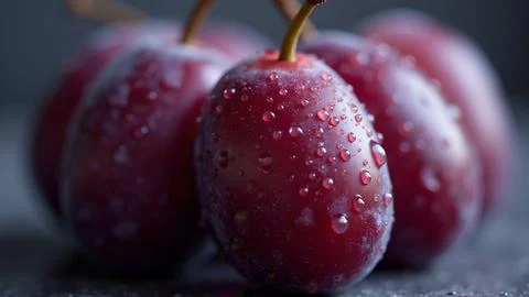 Close-up shot captures the vibrant, ruby-red plums adorned with glistening .. 写真素材