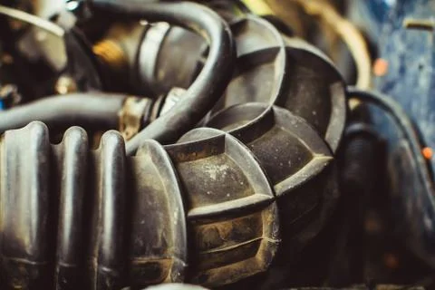 A close up shot of car engine hoses Stock Photos