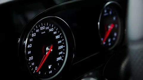 Close up shot of car speedometer, engine switch in cabin Stock Footage 73286188