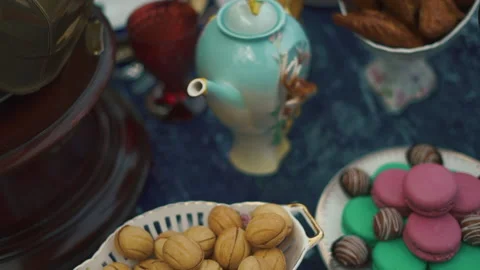 Close up shot of celebration dinner table. food and decoration concept. Stock Footage 195934151