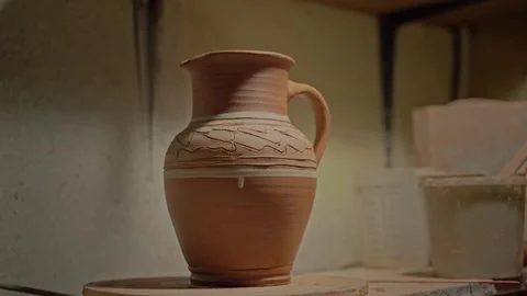 Close up shot ceramic jug. Concept of handmade artwork. Masterpiece made by Stock Footage 254854473