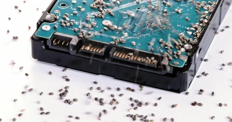 Close-up shot of chia seeds falling in the middle of a blue hard drive Stock Footage 154245682