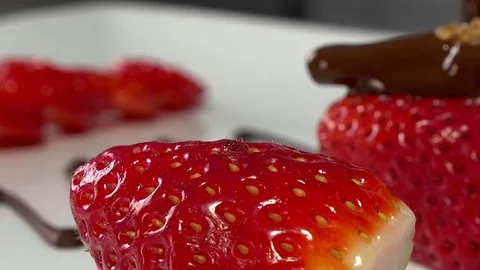 Close up shot of chocolate covered grasshopper placed on a strawberry Stock Footage 83463792