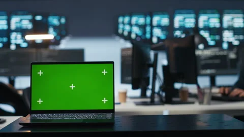 Close up shot of chroma key notebook and IT expert coding in data center Stock Footage 274531919