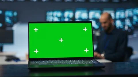 Close up shot of chroma key notebook used by specialist in data center 스톡 사진