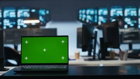 Close up shot of chroma key notebook and IT expert coding in data center 스톡 사진