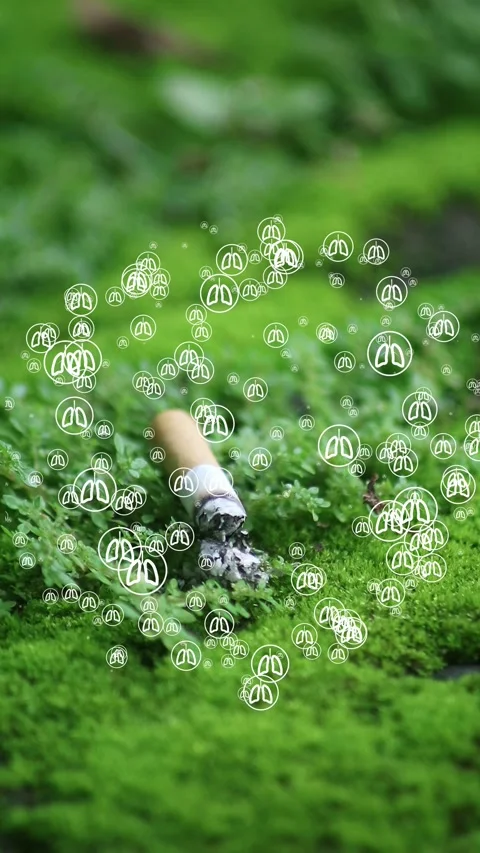Close up shot of cigarette butt with lung symbol Stock Footage 300062208