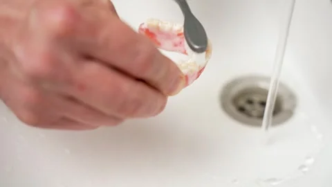 Close-up shot of cleaning dentures with toothbrush. Hand washing prosthesis.. Stock Footage 275258481