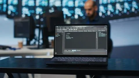Close up shot of code lines on notebook display in data storage facility Stock Photos