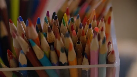 Close up shot of coloured pencils in a container Stock Footage 112005309