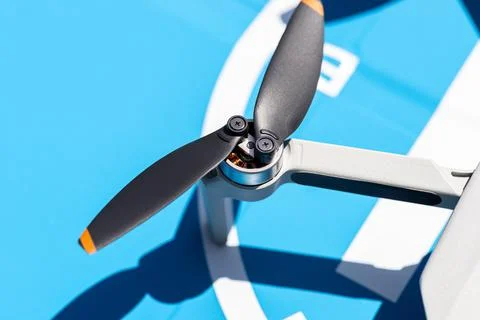 A close-up shot of the complex propellers and brushless motor of a drone agai Stock Photos