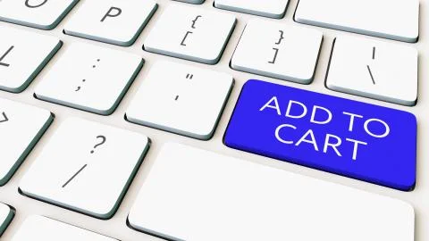 Close-up shot of computer keyboard and blue add to cart key. Conceptual 3D Stock Illustration