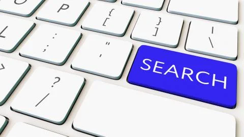 Close-up shot of computer keyboard and blue search key. Conceptual 3D rendering Stock Illustration