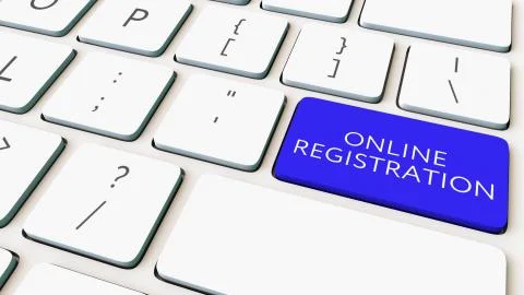 Close-up shot of computer keyboard and blue online registration key. Conceptual Illustrazione stock